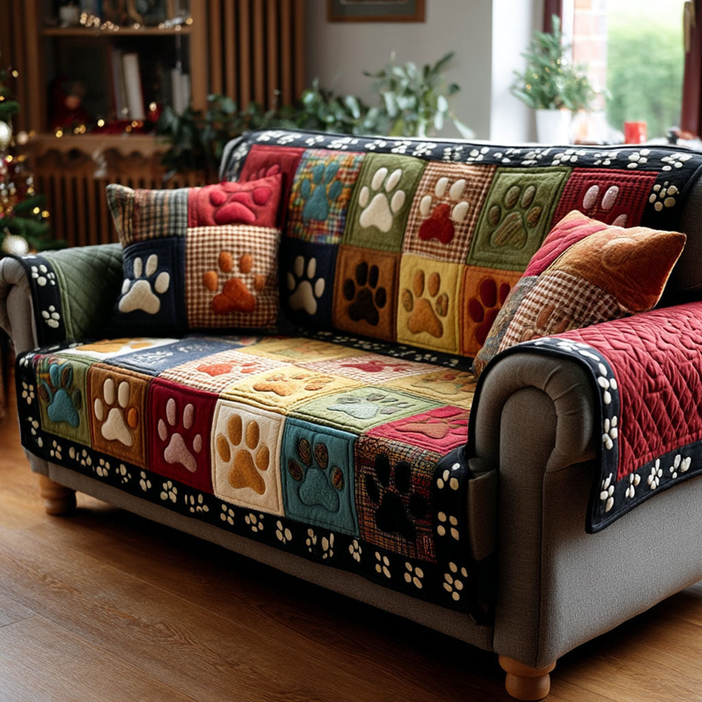 Quilted Sofa Cover with Paw Prints – Non-Slip