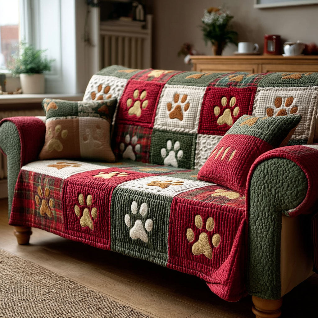 Quilted Sofa Cover with Paw Prints – Non-Slip