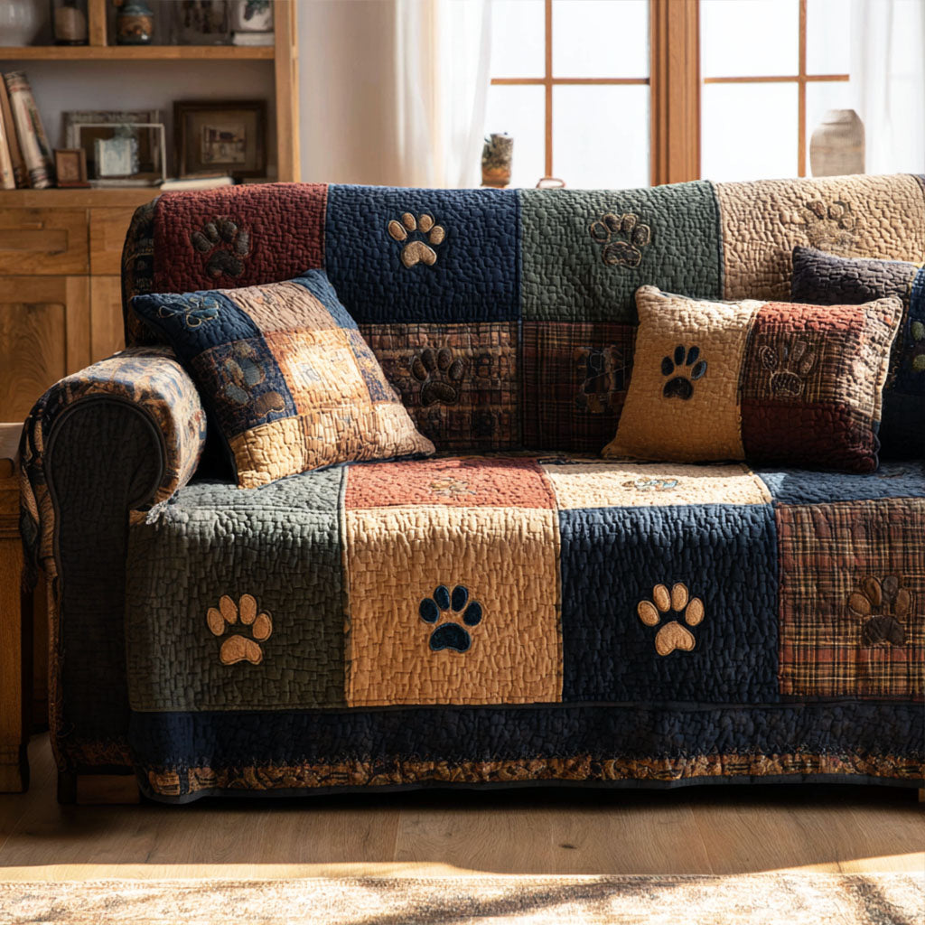 Quilted Sofa Cover with Paw Prints – Non-Slip