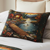 Quilted cushion cover with a cabin by the lake at sunset NCU0NT5169