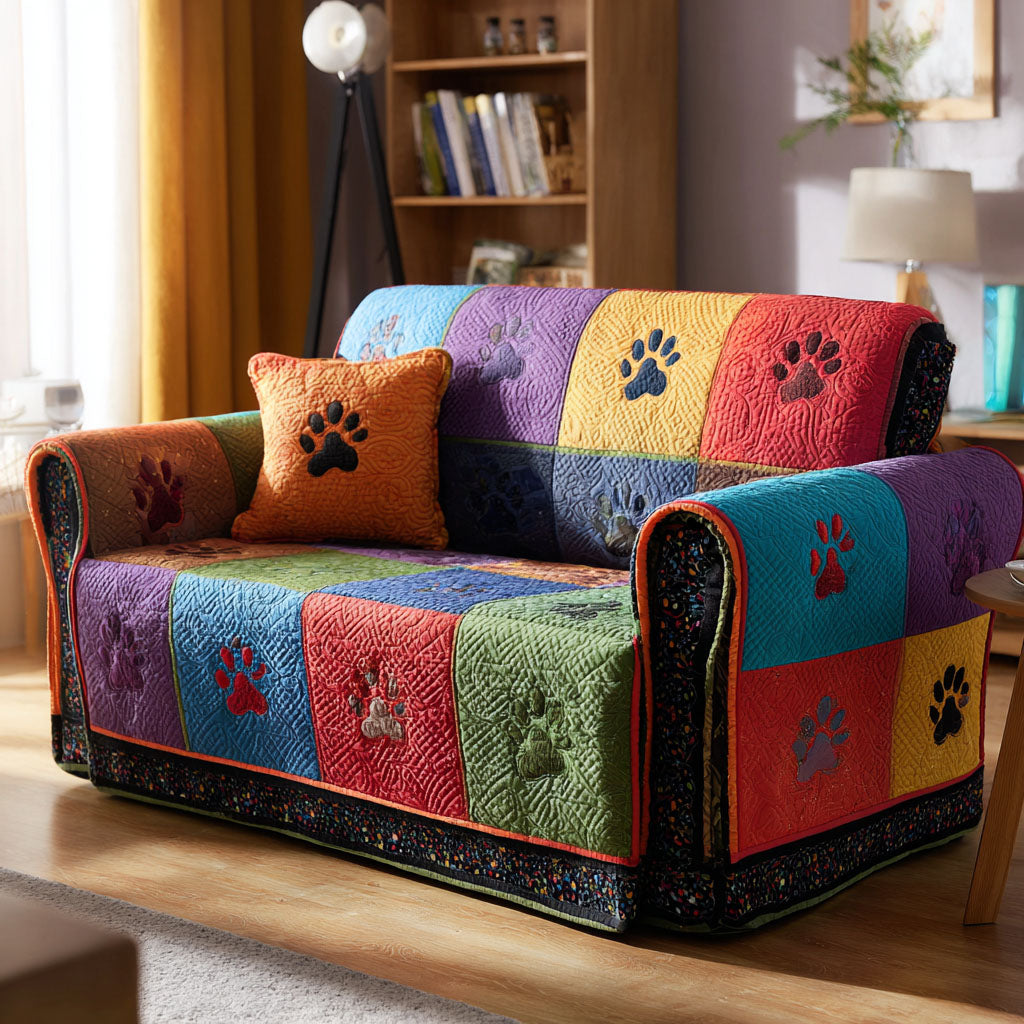 Quilted Sofa Cover with Paw Prints – Non-Slip